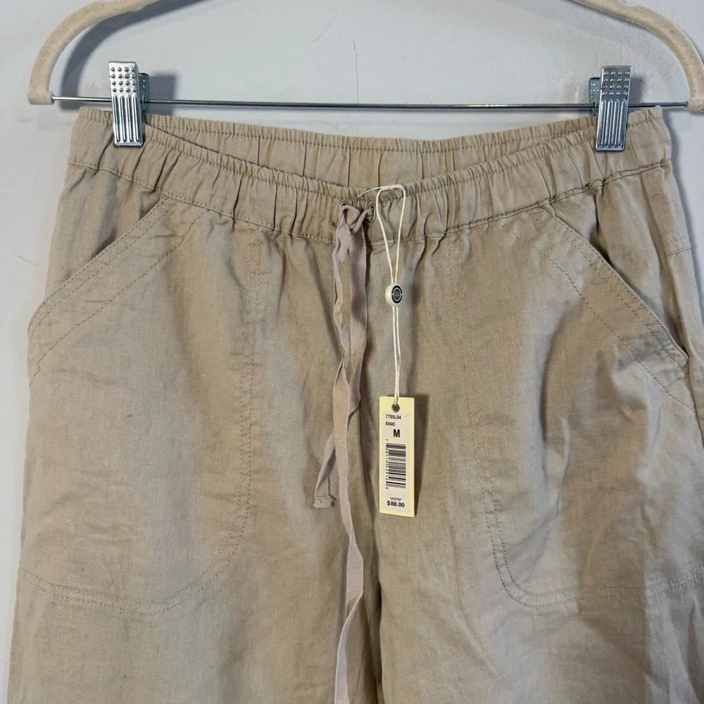 Max Studio Women's Wide-Leg Drawstring Linen Cotton Pants - Beige - Picture 3 of 10